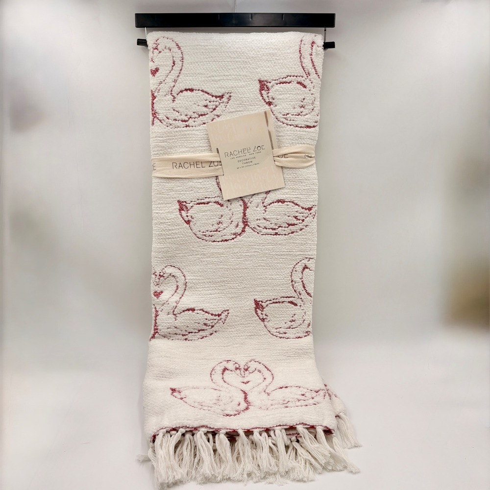 Rachel Zoe Red Swan Heart Plush Decorative Throw Blanket Cream Fringe 50x70 NEW